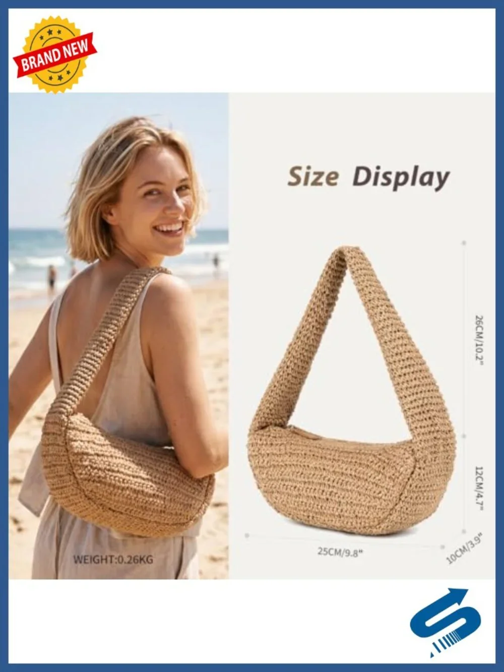 Crochet Straw Bag Summer Beach Bag Woven Hobo Shoulder Bag Half Moon Tote Purse